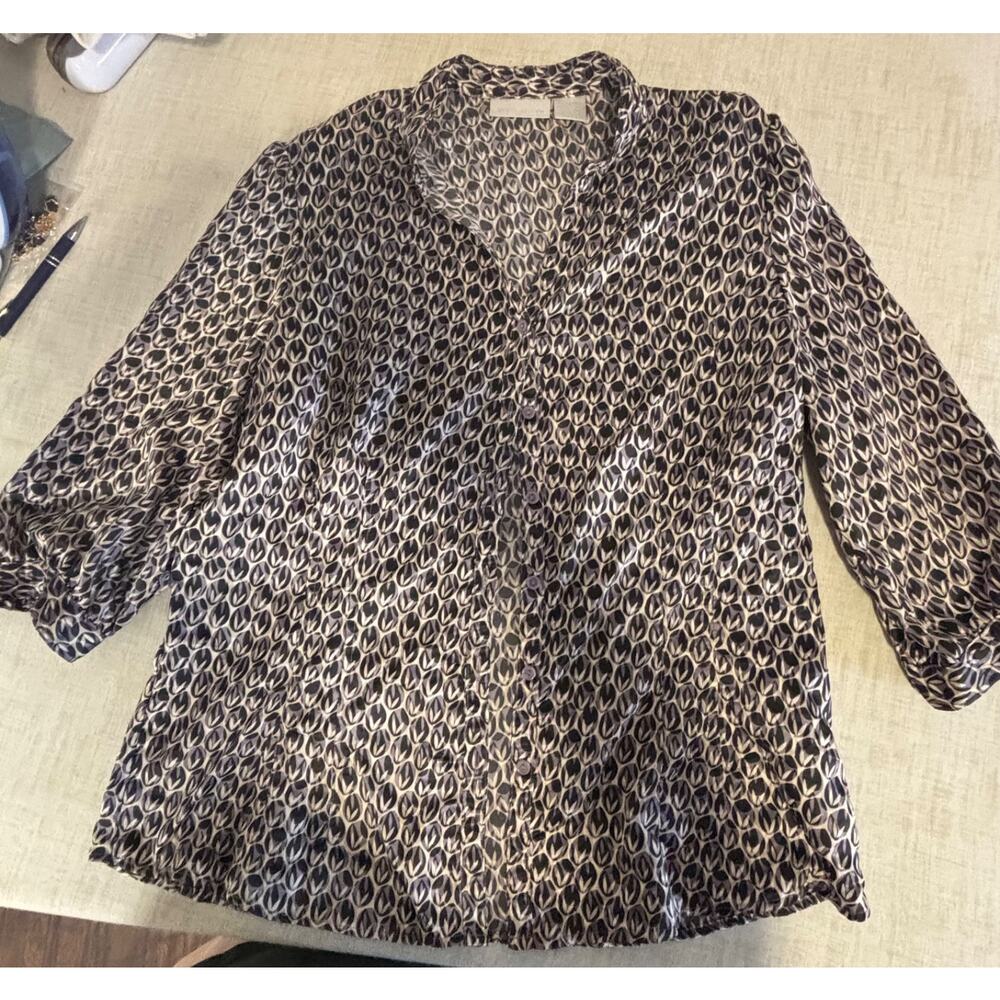 Worthington Size 14 Multi-Color Button Down Shirt Blouse Puff Sleeves Polyester